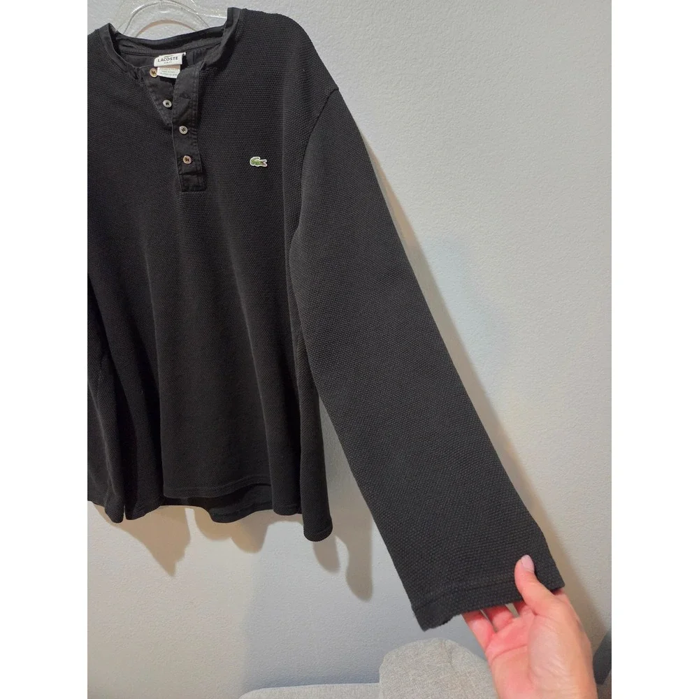 Lacoste Henley Shirt Mens 9 3XL Black Excellent Waffle Knit Slim Fit F8455